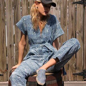 Cleobella Tominaga Indigo Print Short Sleeve Tie Waist Cropped Jumpsuit Romper